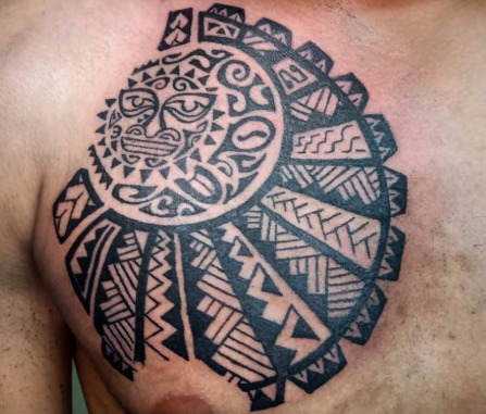Polynesian inspired chest tattoo by PRANA Tattoo and Piercing Studio in Vellore